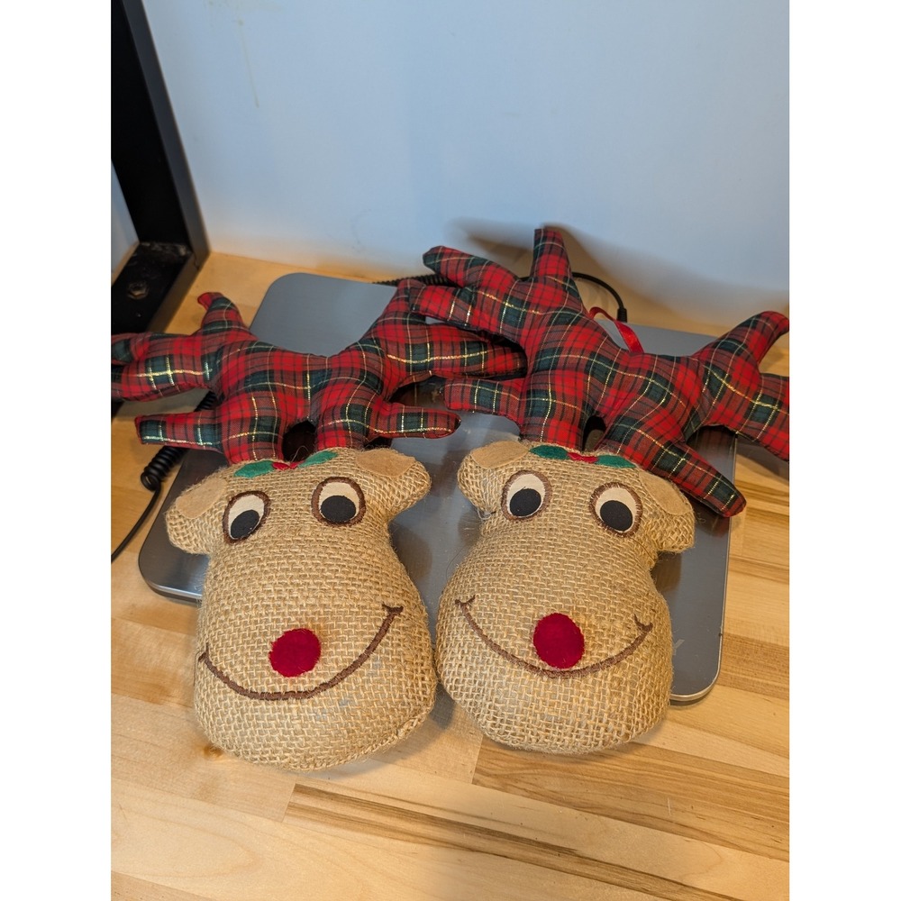 Burlap Reindeer Ornaments Christmas Holiday Plaid Antlers‎ Made in USA Set of 2